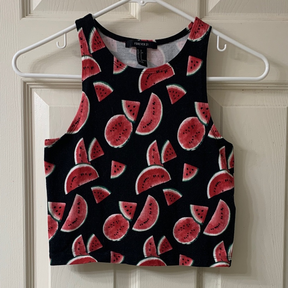 🌷3 for $25🌷Forever 21, US S, Black & Pink Watermelon Print Crop Tank Top